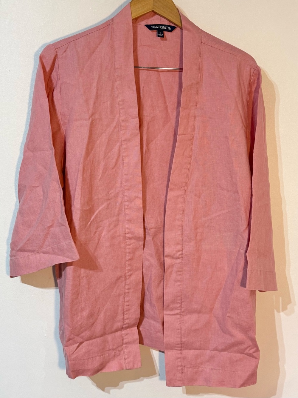 TravelSmith Women's Coral Pink Open-Front 100%Linen Robe Jacket blazer oversized